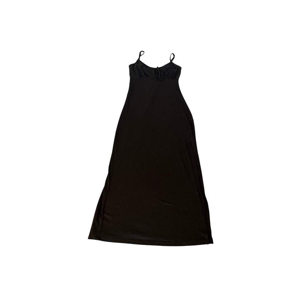 No Comment Ny La Women Ribbed Knit Midi Dress Black Side Slit Tie Front SZ Large
